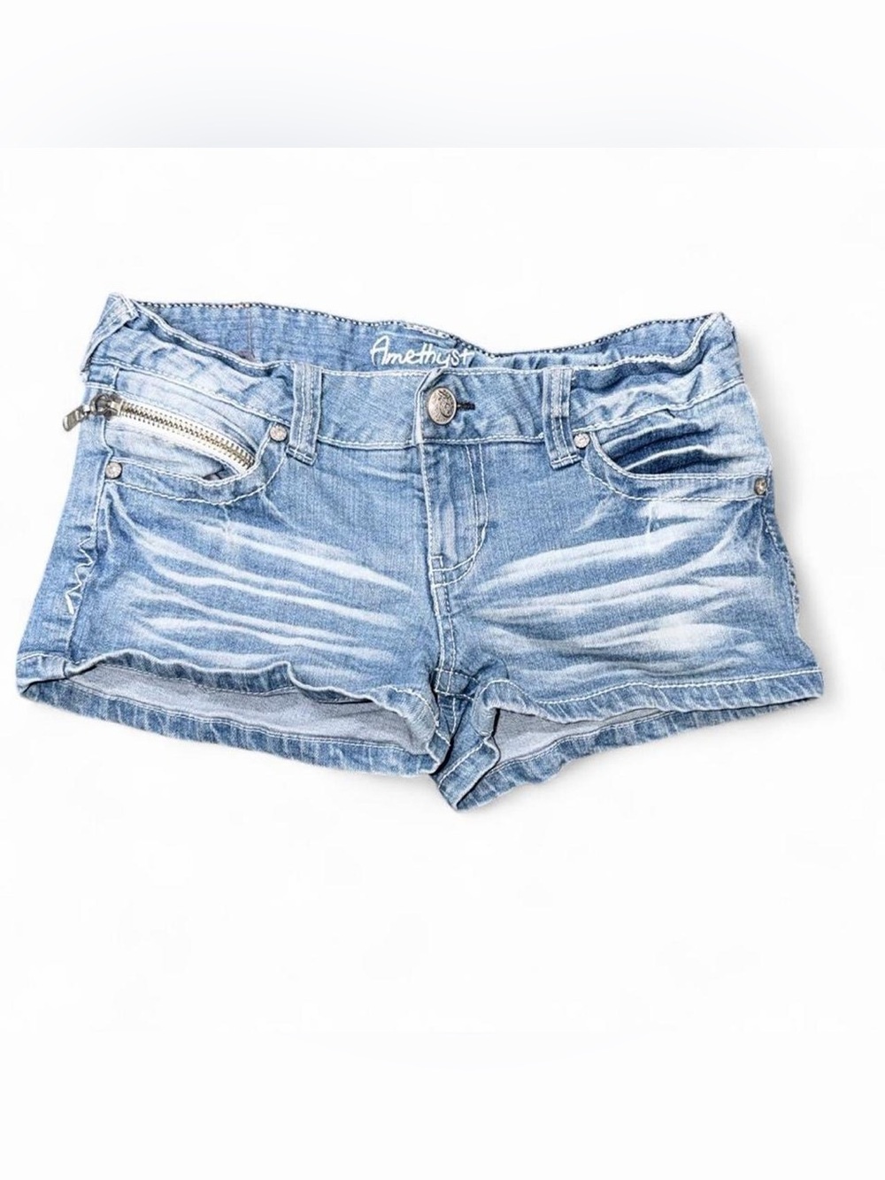 Y2K 2000s Denim Micro Shorts with a low rise. Has studs and zipper detail